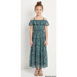 Beautees Girls SZ 8 Teal Floral Off Shoulder Tiered Maxi Dress Boho Cottagecore